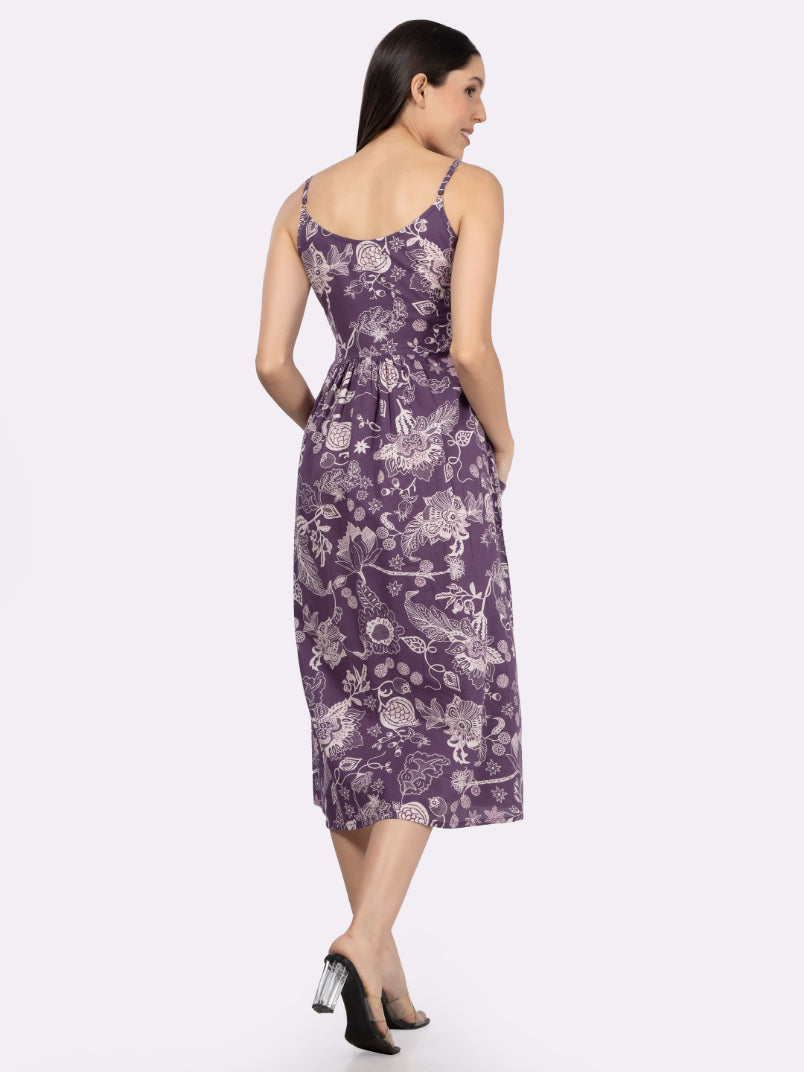 Purple Flower Print Strappy Midi Dress with Front Pockets