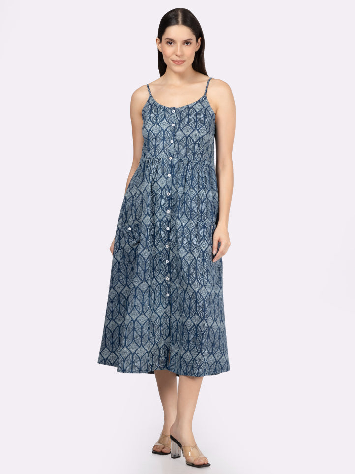 Blue Printed Strappy Midi Dress with Front Pockets