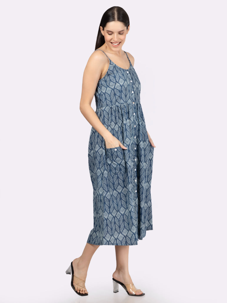 Blue Printed Strappy Midi Dress with Front Pockets
