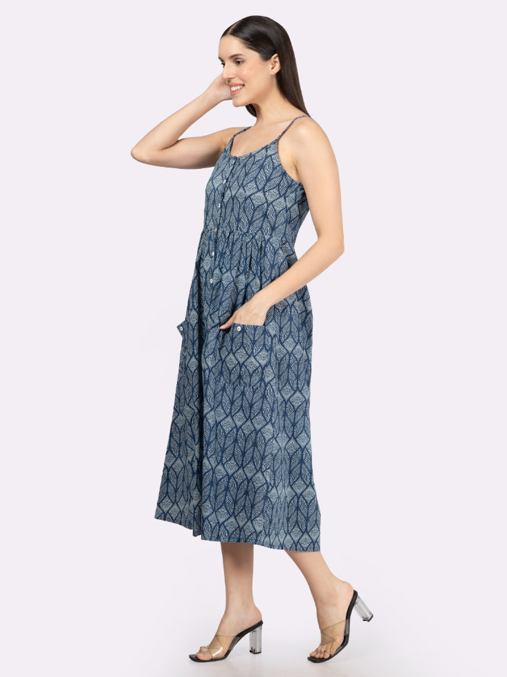 Blue Printed Strappy Midi Dress with Front Pockets