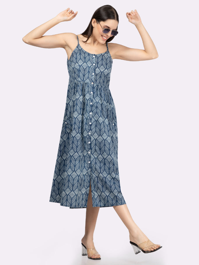 Blue Printed Strappy Midi Dress with Front Pockets