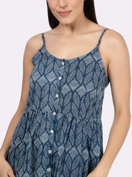 Blue Printed Strappy Midi Dress with Front Pockets