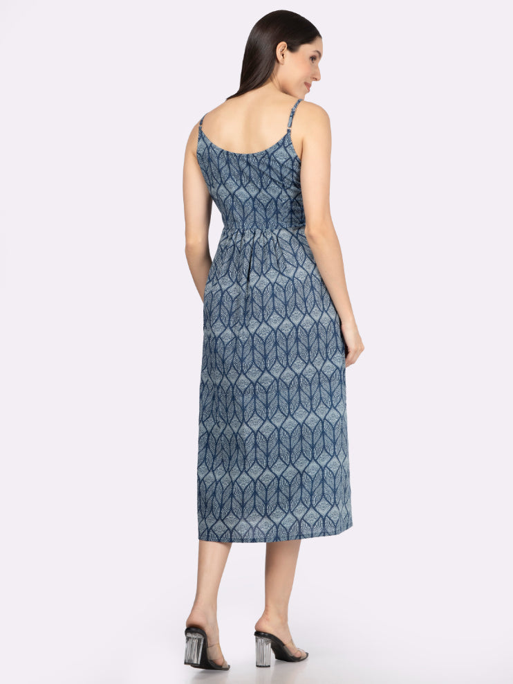 Blue Printed Strappy Midi Dress with Front Pockets