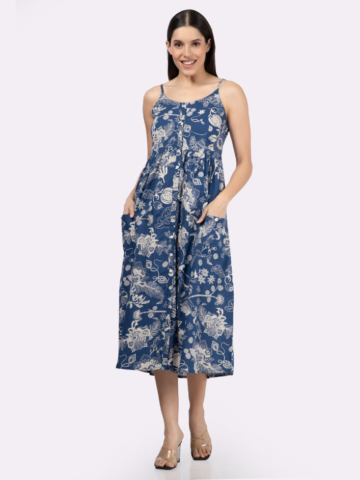 Blue Flower Print Strappy Midi Dress with Front Pockets
