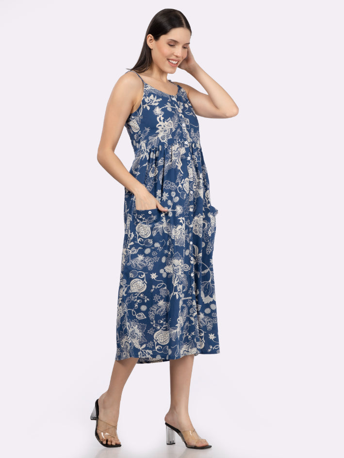 Blue Flower Print Strappy Midi Dress with Front Pockets