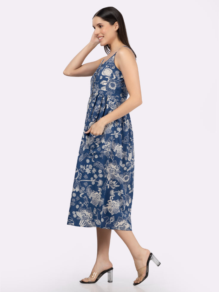 Blue Flower Print Strappy Midi Dress with Front Pockets