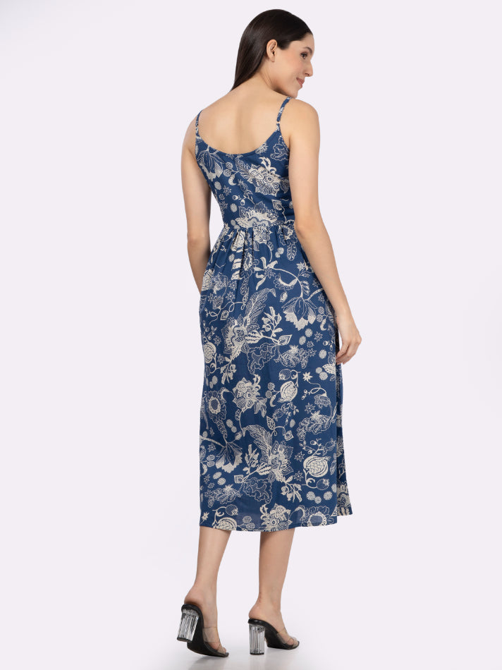 Blue Flower Print Strappy Midi Dress with Front Pockets