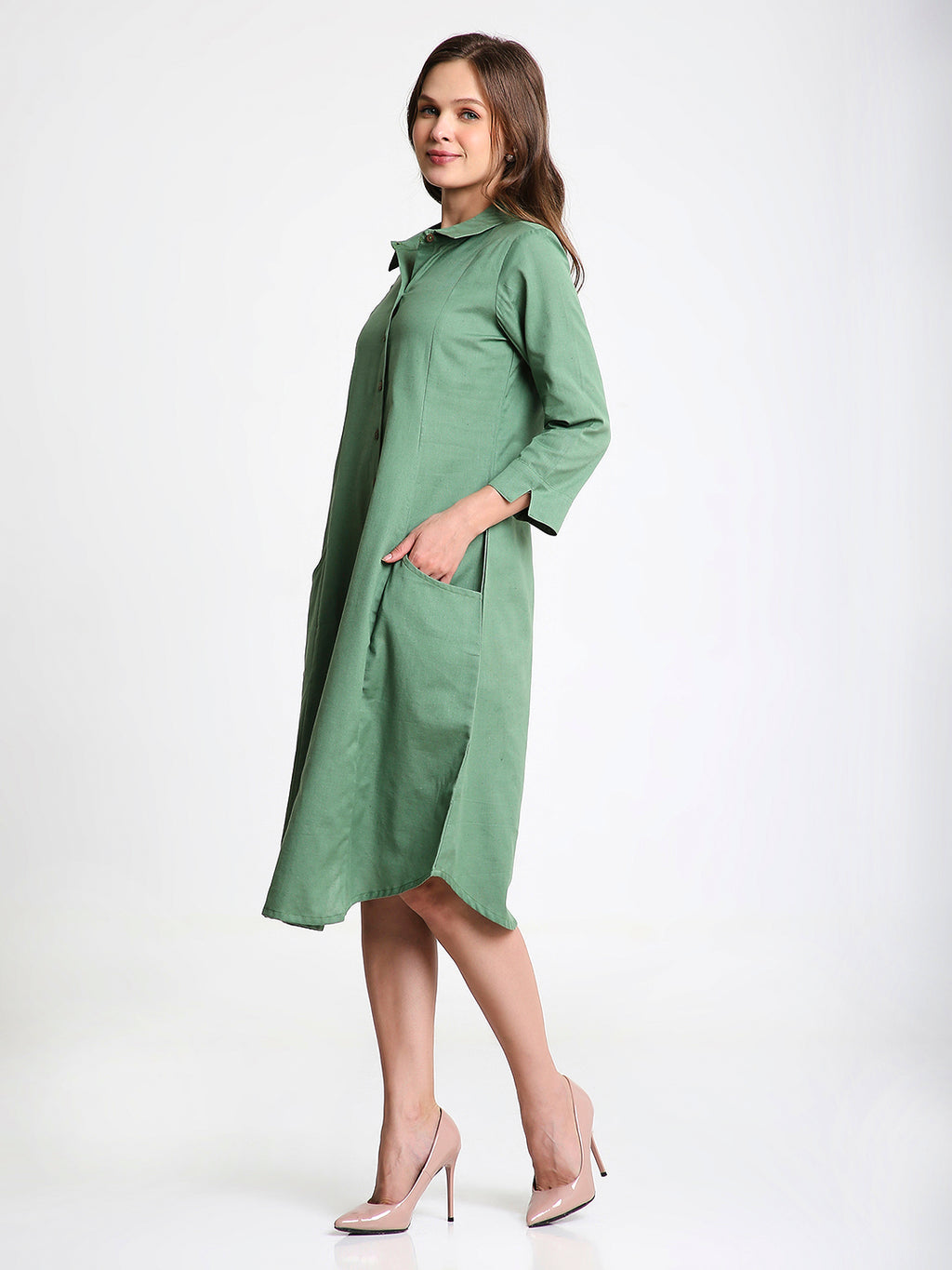 Green Solid Midi Shirt Dress with Pockets