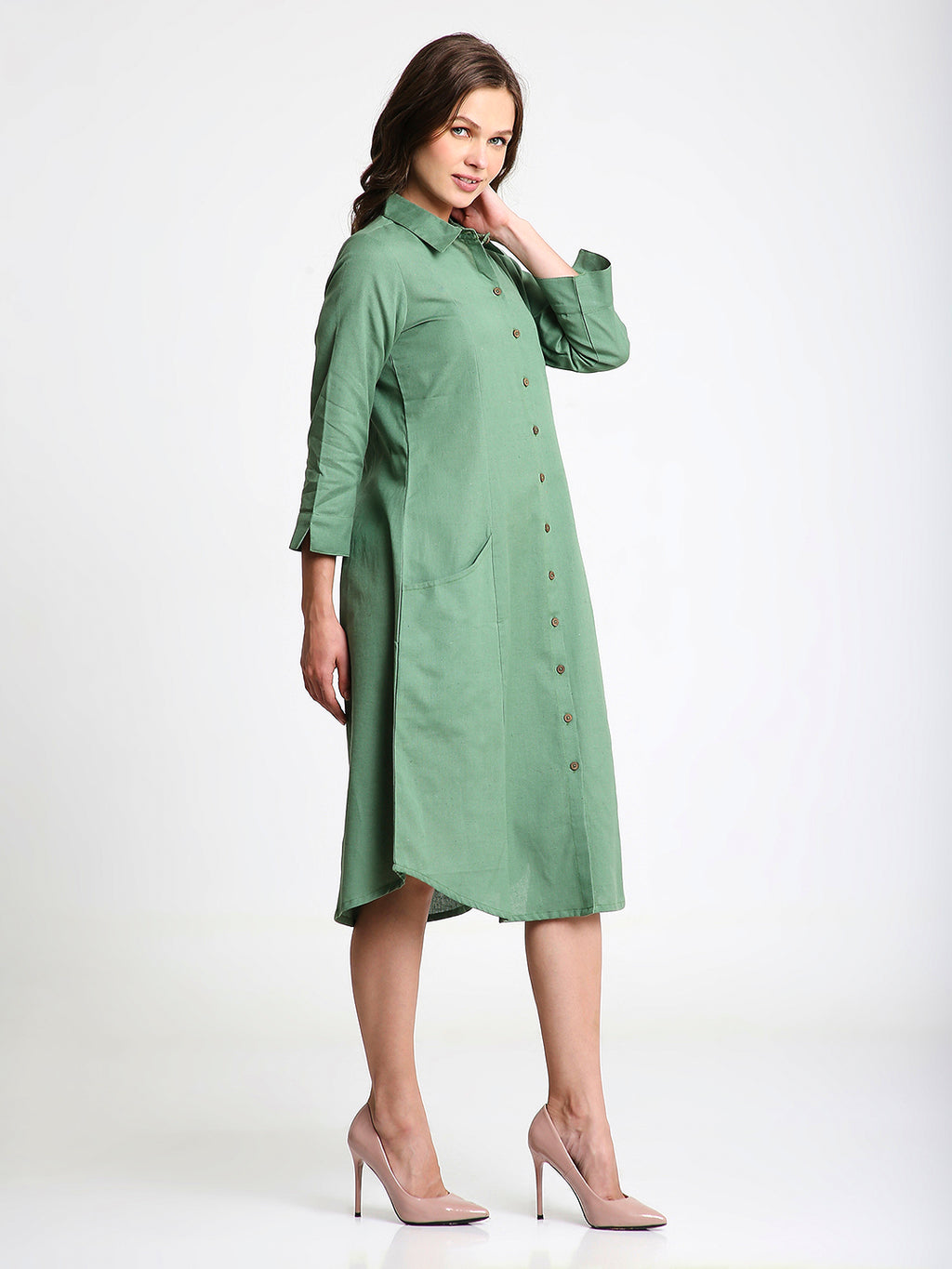 Green Solid Midi Shirt Dress with Pockets