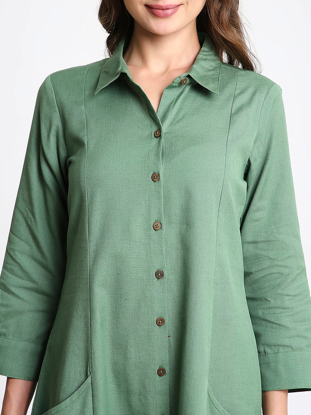 Green Solid Midi Shirt Dress with Pockets