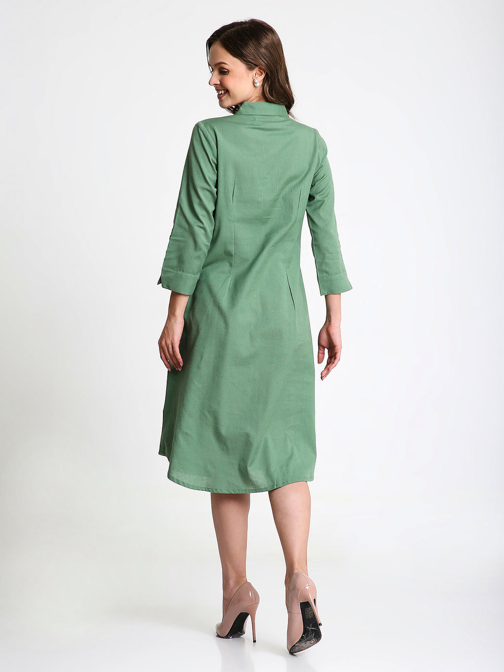 Green Solid Midi Shirt Dress with Pockets