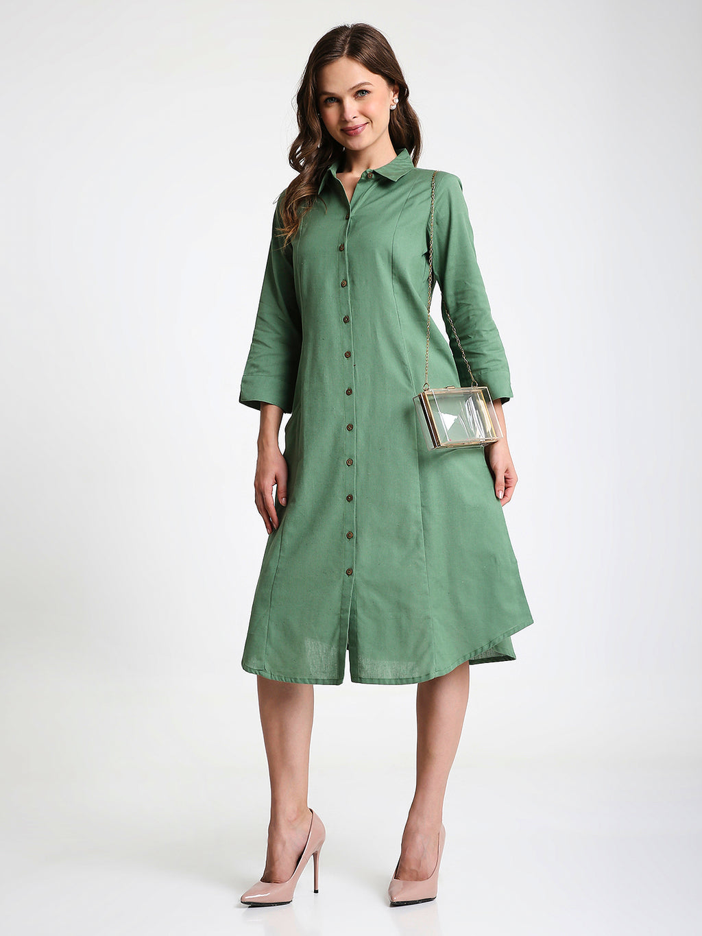 Green Solid Midi Shirt Dress with Pockets
