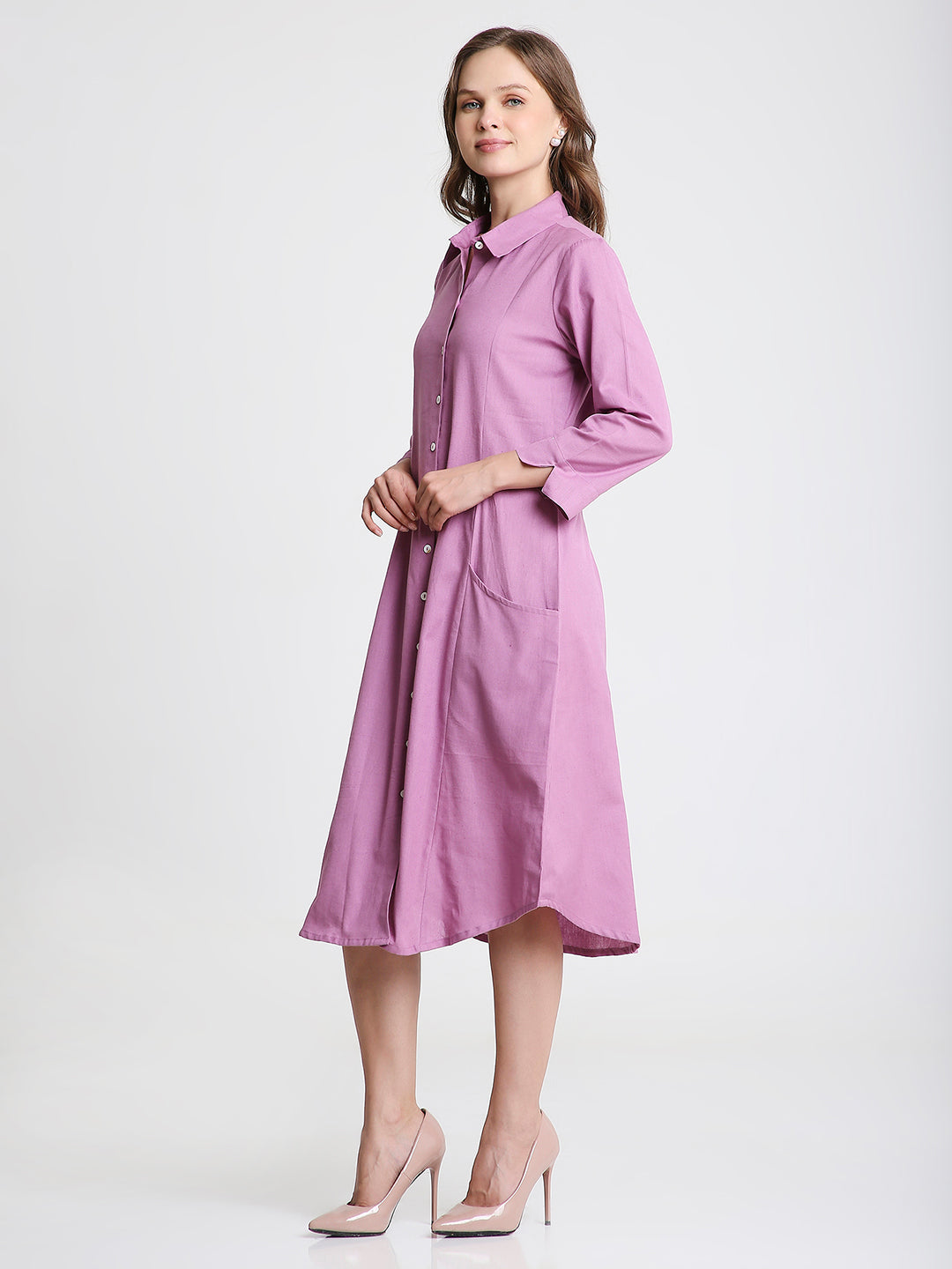 purple midi shirt dress Mauve Solid Midi Shirt Dress with Pockets – Saffron Threads