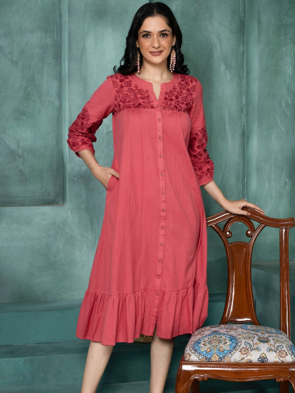 Rosa Coral Boho Chic Embroidered Dress