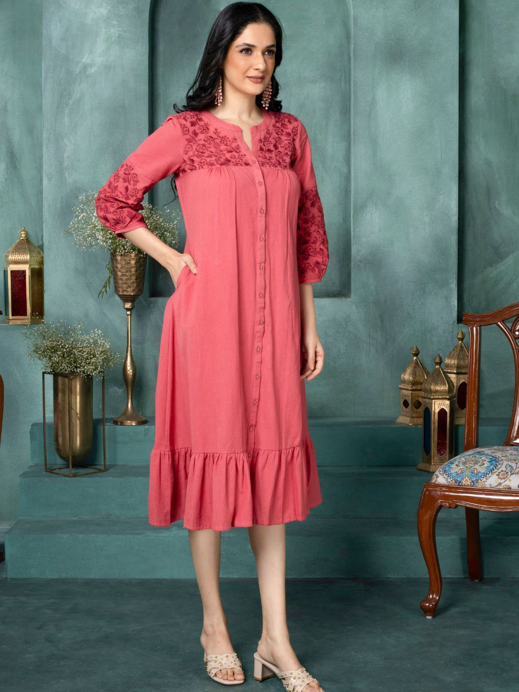Rosa Coral Boho Chic Embroidered Dress