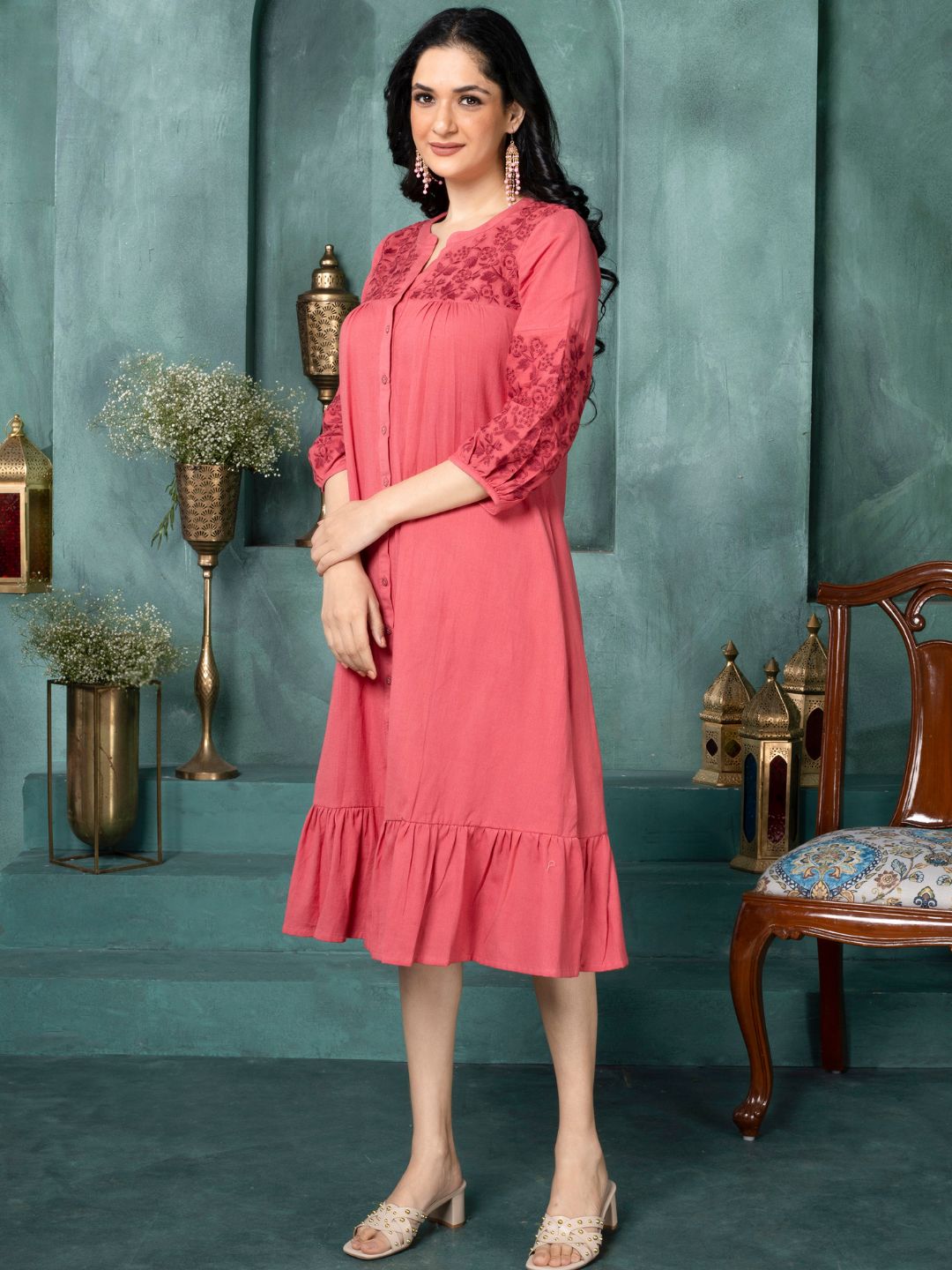 Rosa Coral Boho Chic Embroidered Dress