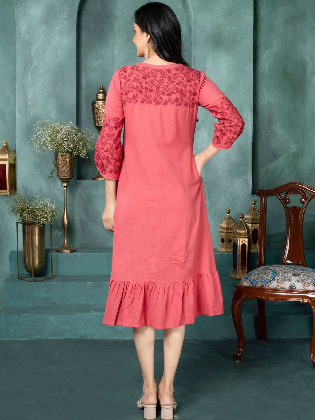 Rosa Coral Boho Chic Embroidered Dress