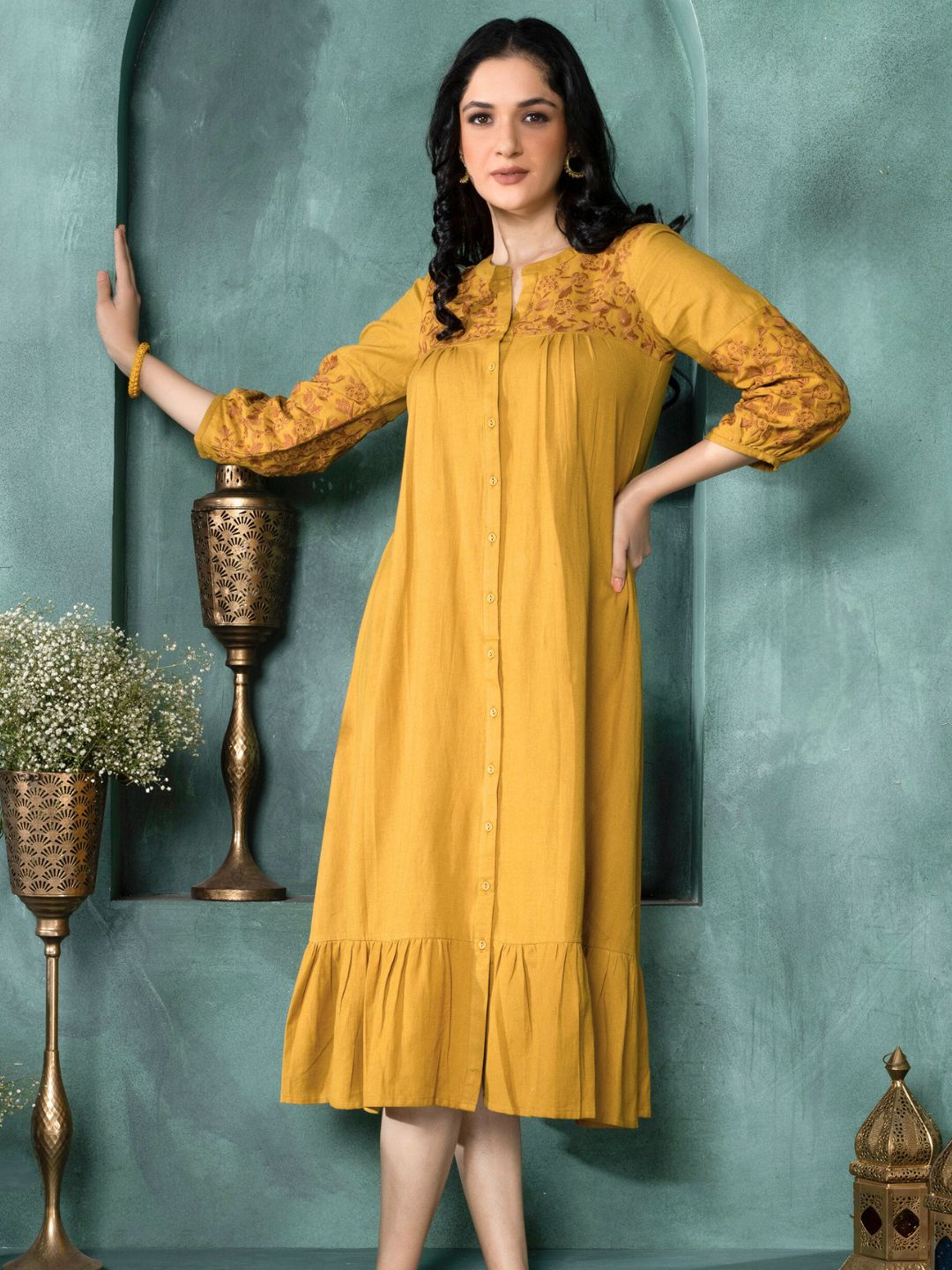 Amber Mustard Boho Chic Embroidered Dress
