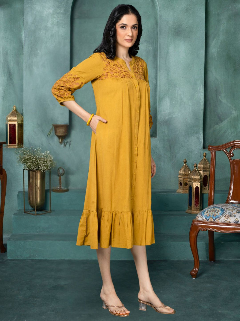 Amber Mustard Boho Chic Embroidered Dress