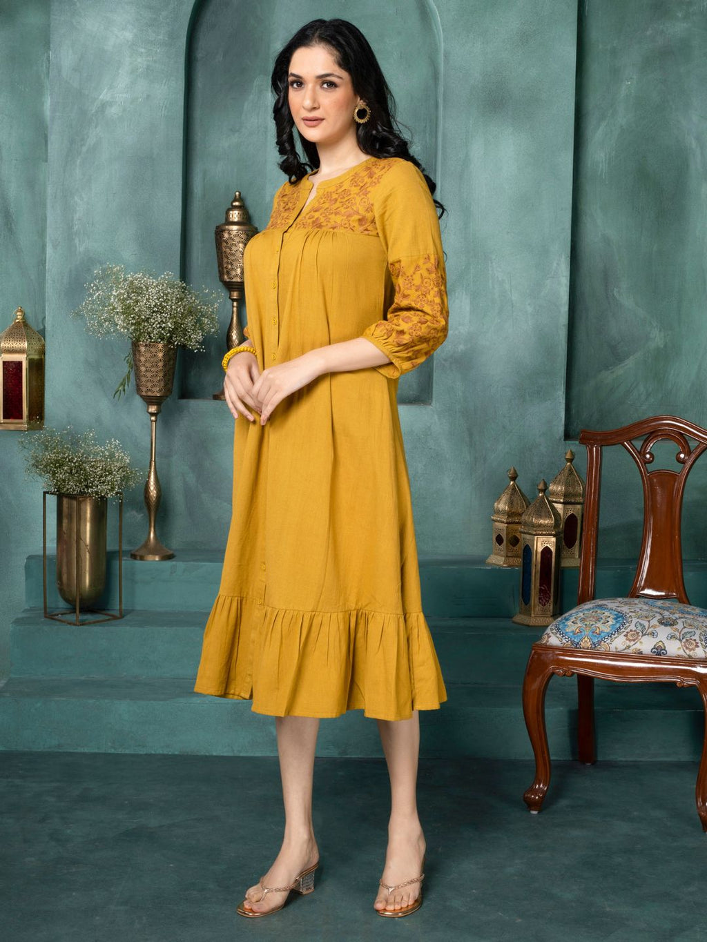 Amber Mustard Boho Chic Embroidered Dress