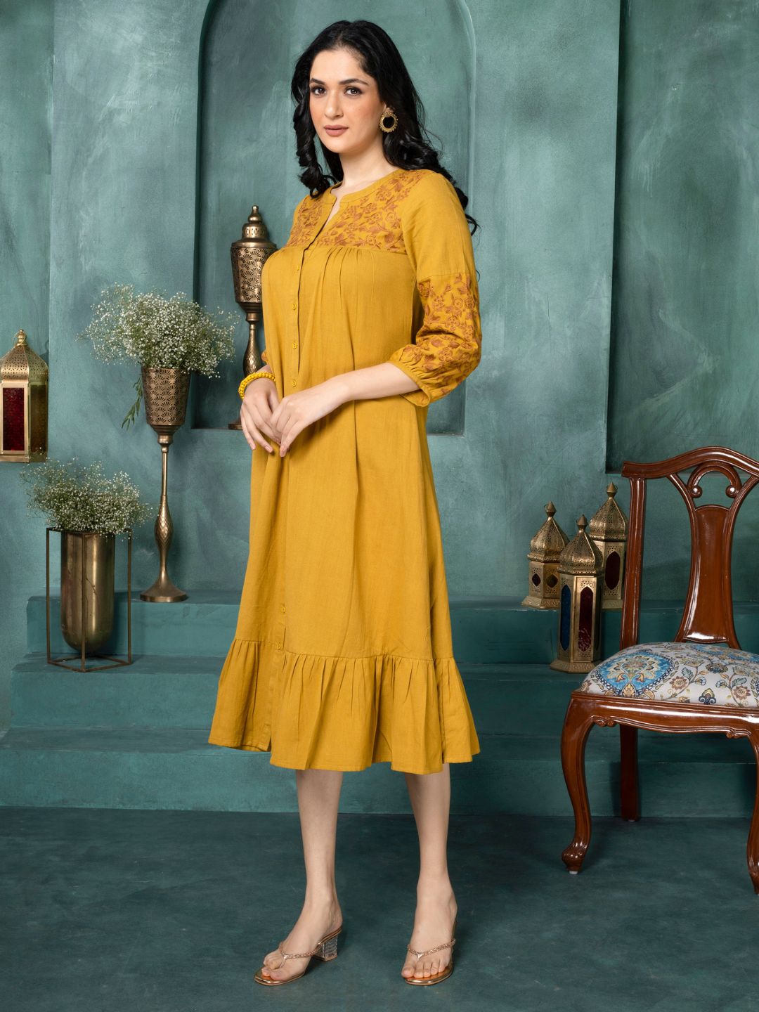 Amber Mustard Boho Chic Embroidered Dress