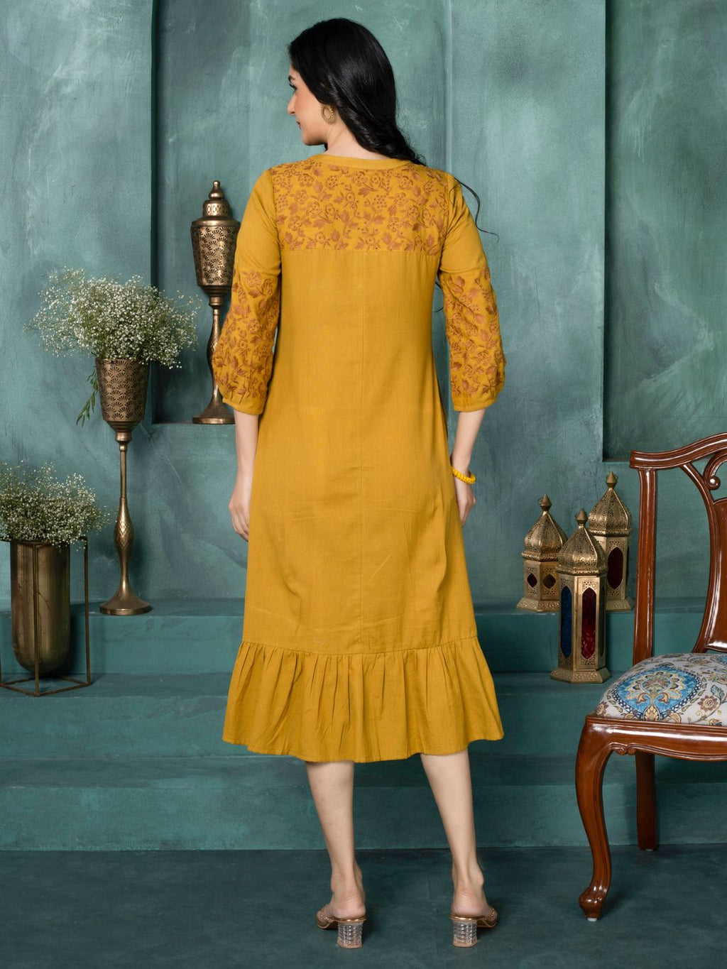 Amber Mustard Boho Chic Embroidered Dress