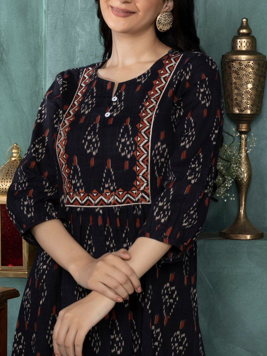 Modish Black Ikat Boho Midi Dress