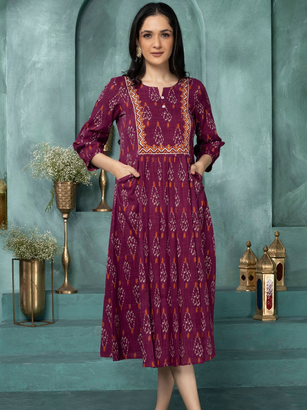 Merlot Wine Ikat Boho Midi Dress