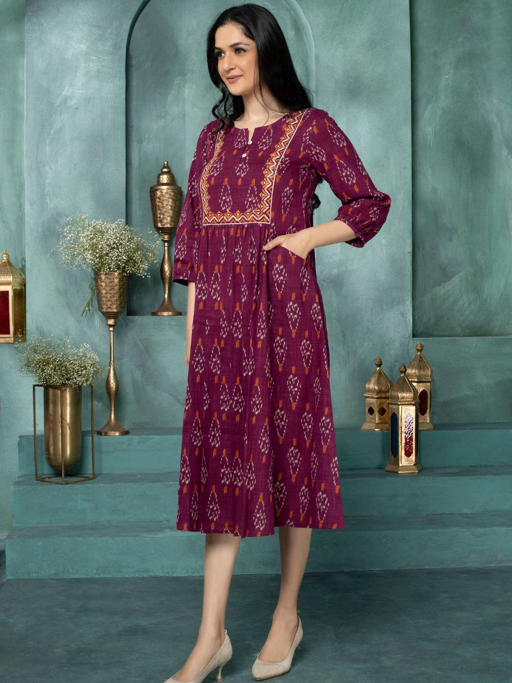 Merlot Wine Ikat Boho Midi Dress