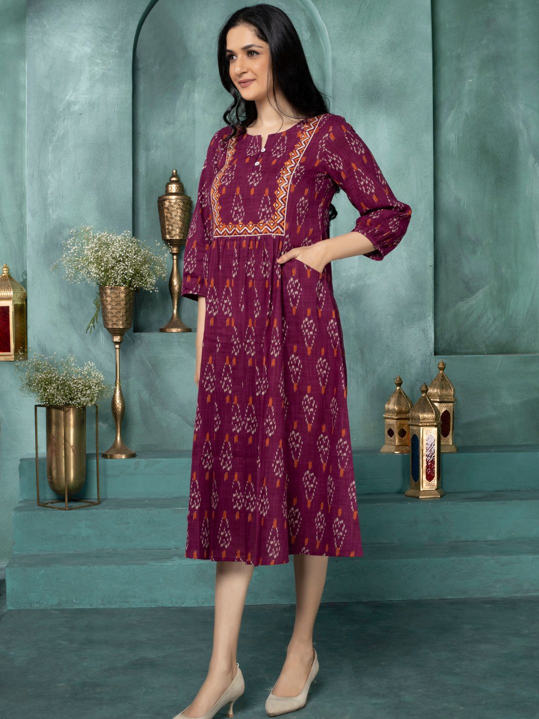 Merlot Wine Ikat Boho Midi Dress