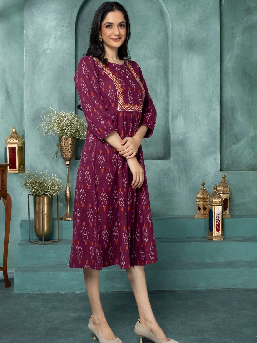 Merlot Wine Ikat Boho Midi Dress
