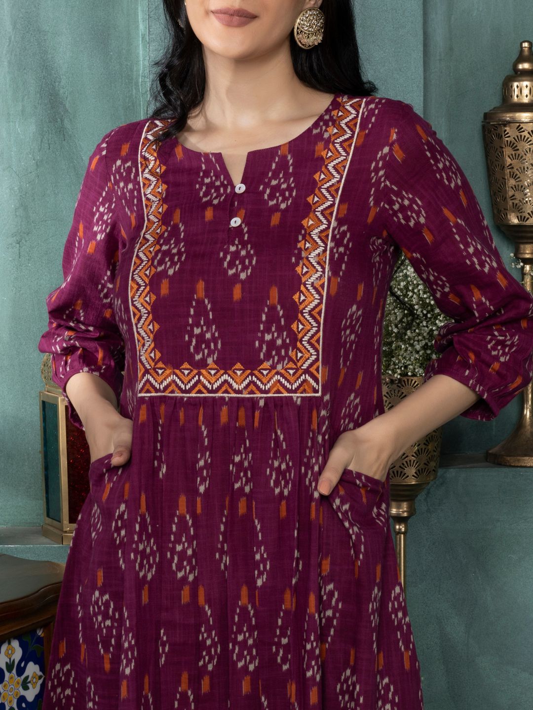 Merlot Wine Ikat Boho Midi Dress
