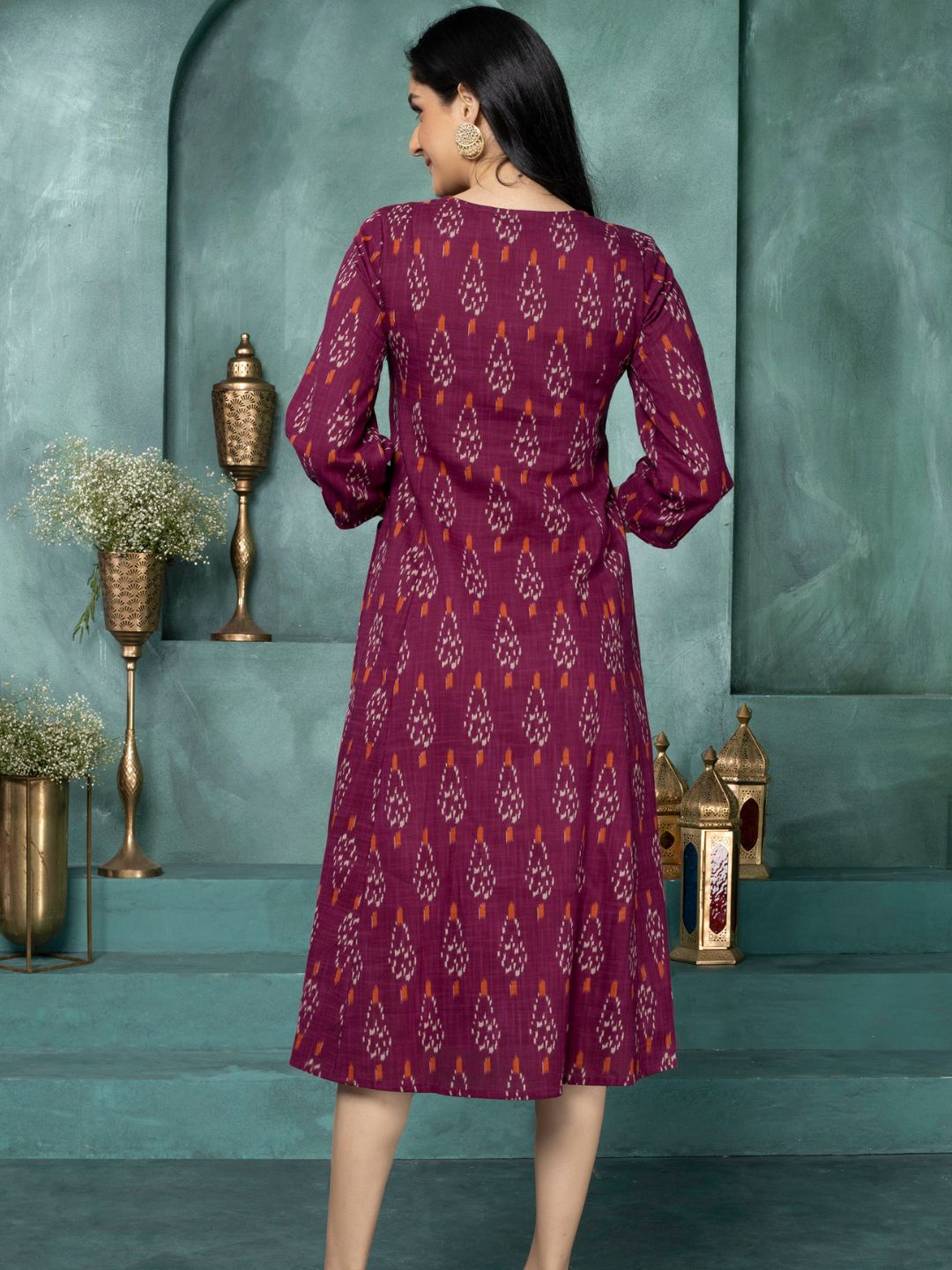 Merlot Wine Ikat Boho Midi Dress