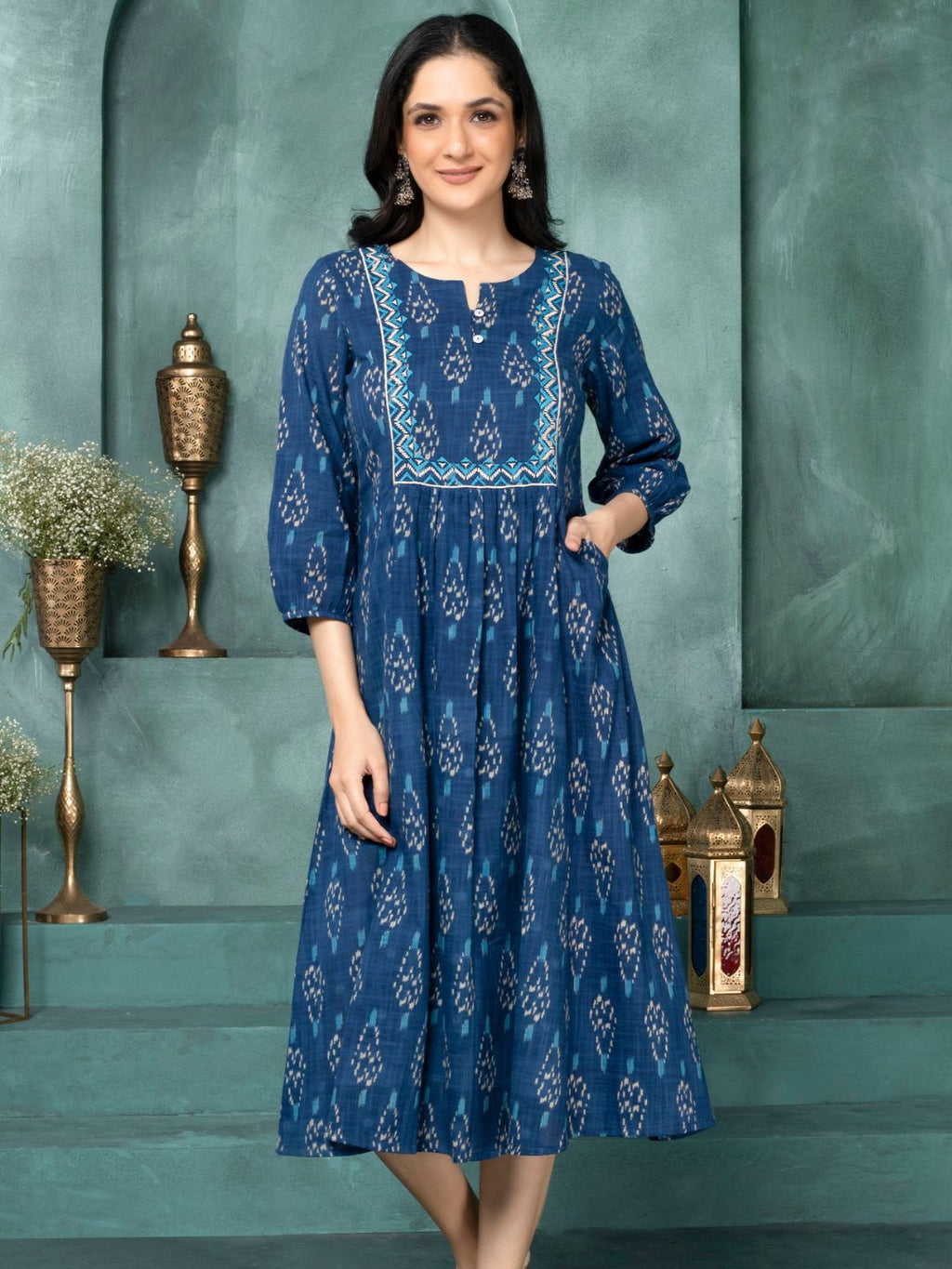 Moroccan Blue Ikat Boho Midi Dress