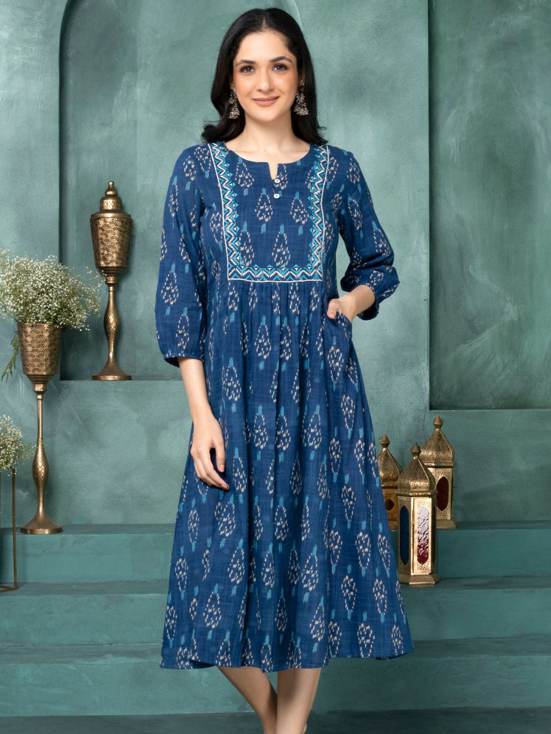Moroccan Blue Ikat Boho Midi Dress