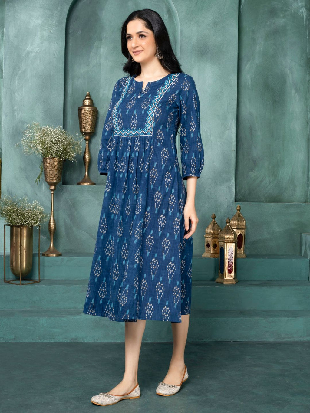 Moroccan Blue Ikat Boho Midi Dress