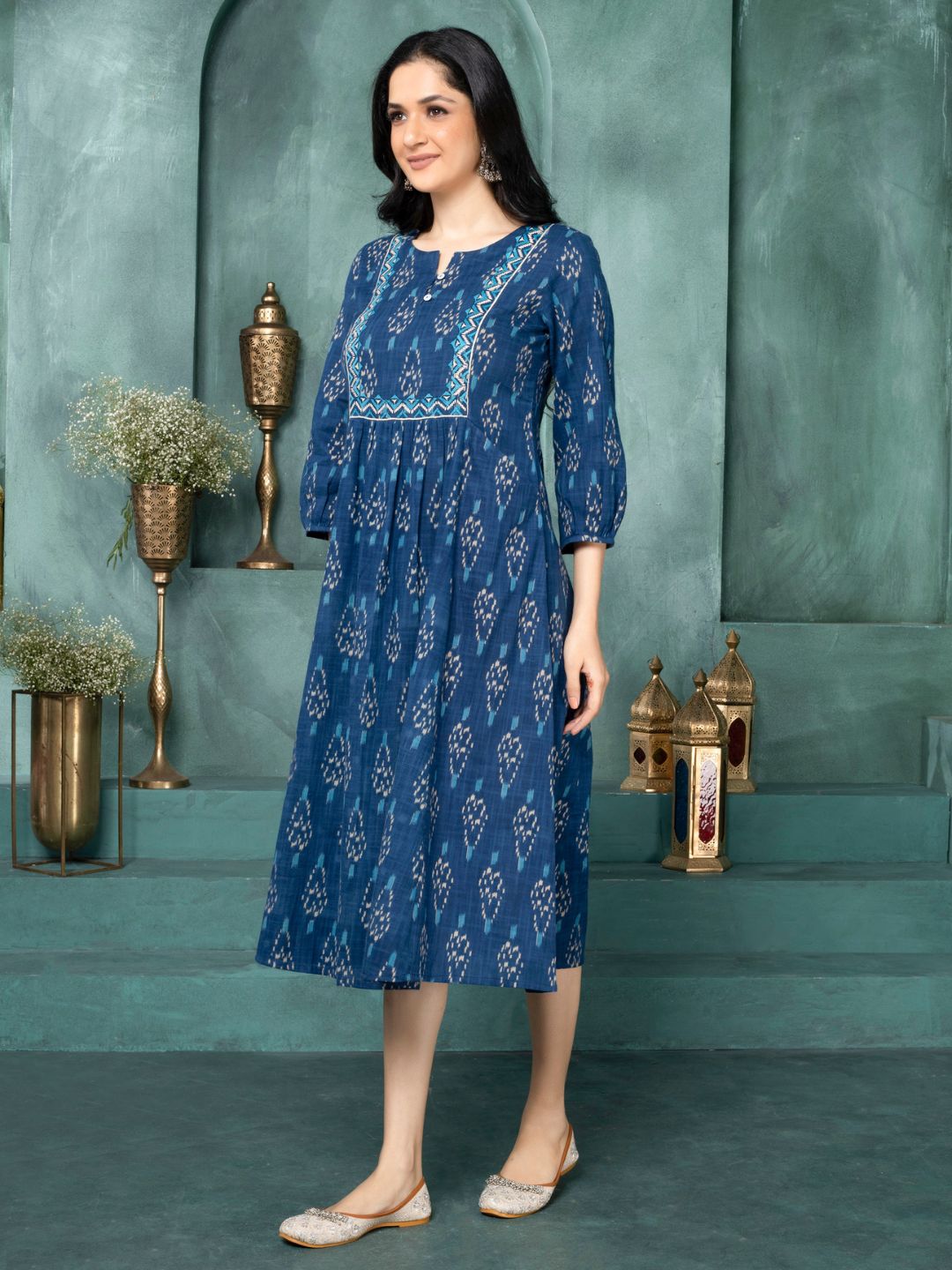 Moroccan Blue Ikat Boho Midi Dress