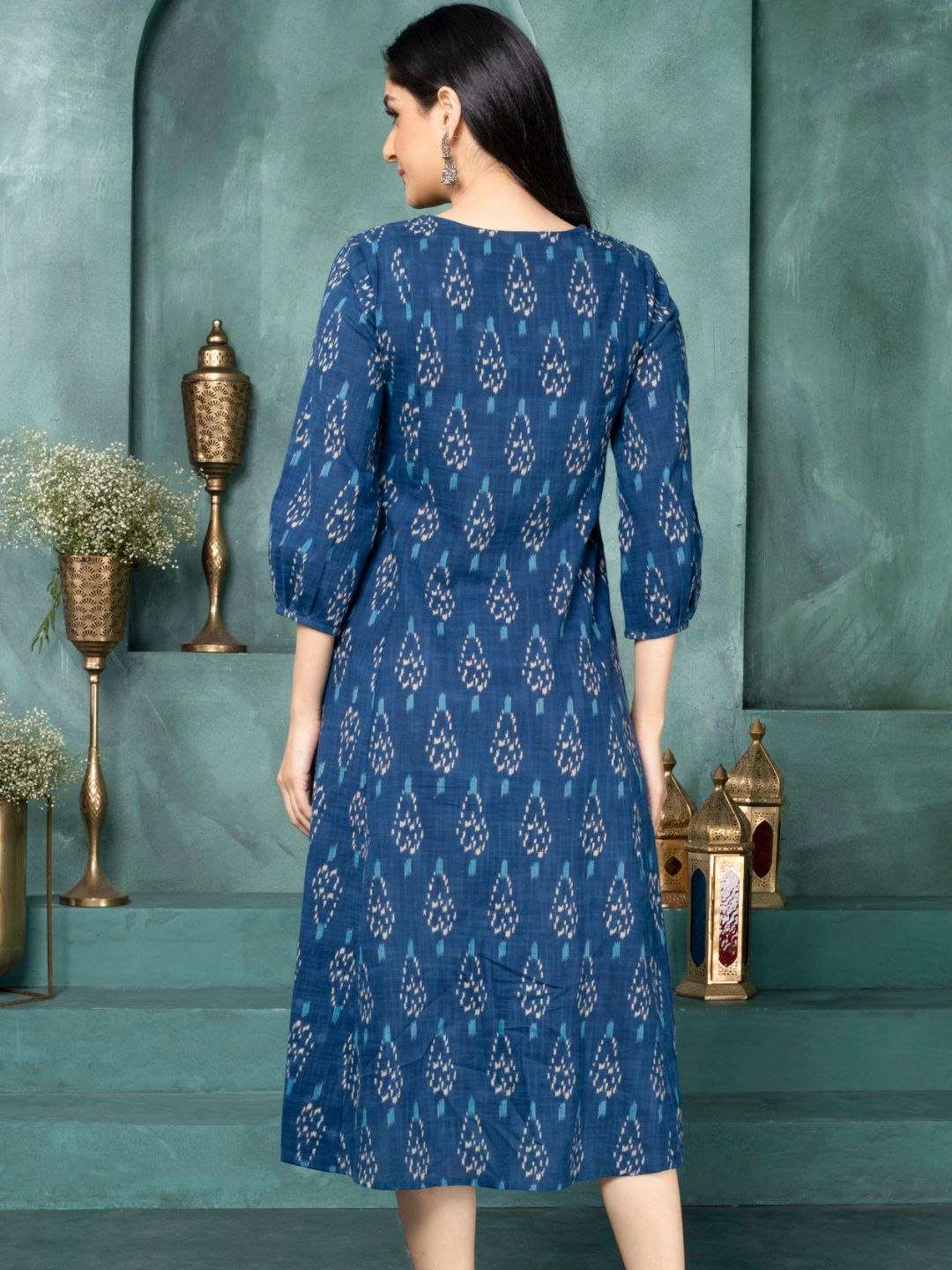 Moroccan Blue Ikat Boho Midi Dress