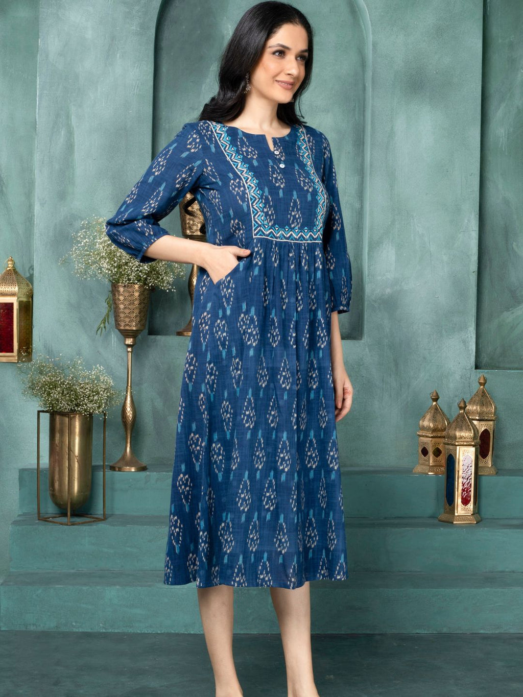 Moroccan Blue Ikat Boho Midi Dress