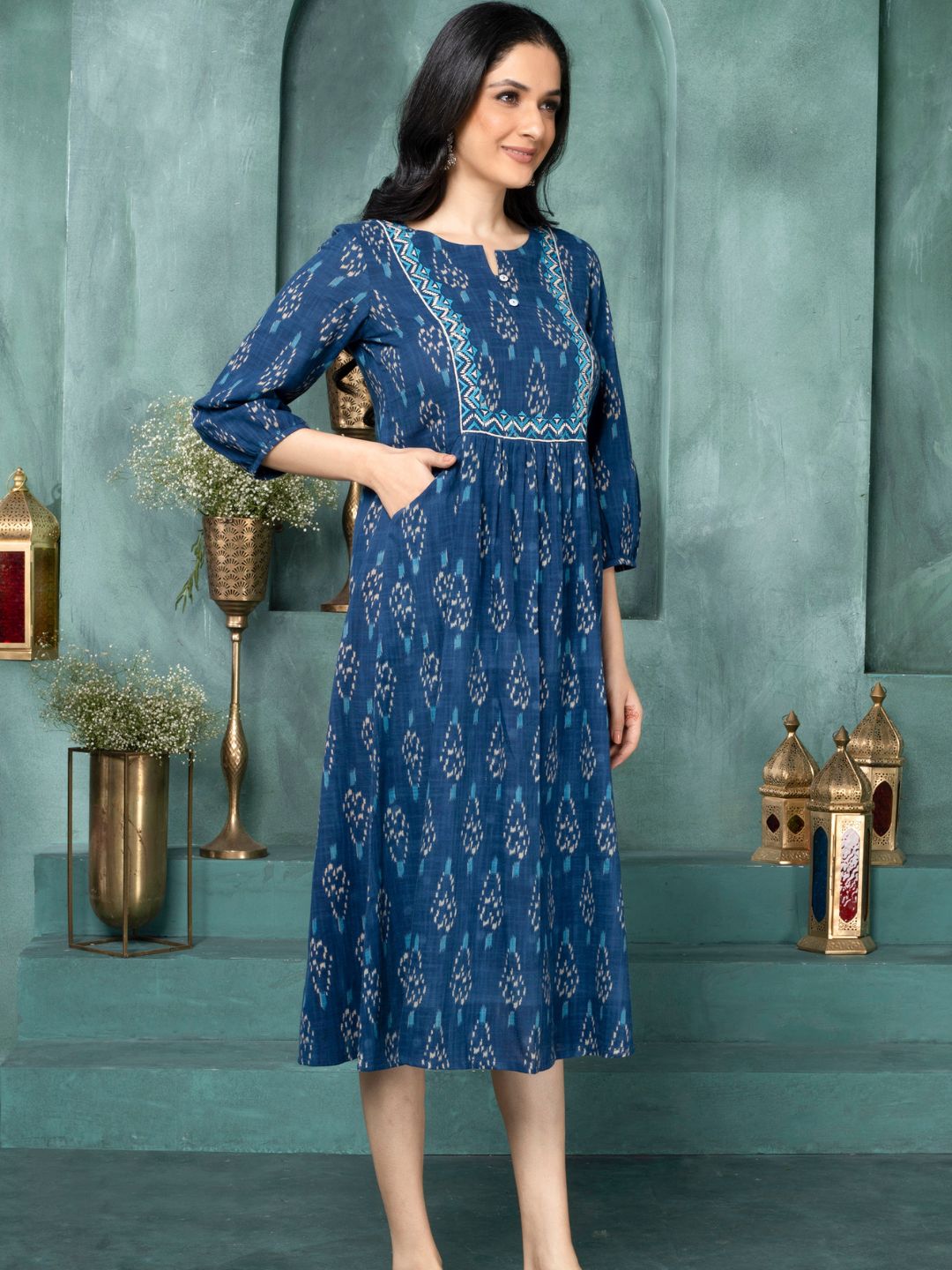 Moroccan Blue Ikat Boho Midi Dress