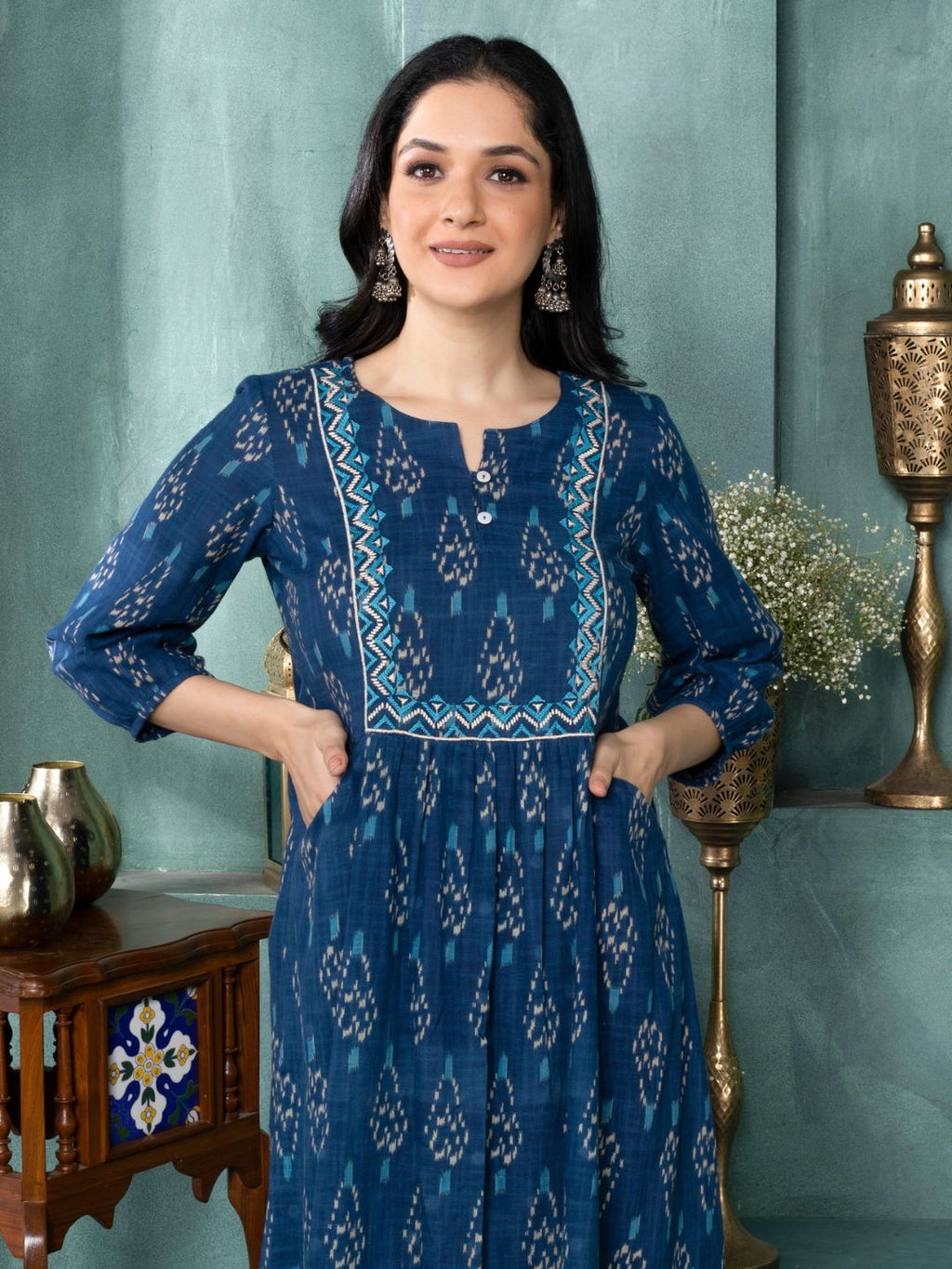 Moroccan Blue Ikat Boho Midi Dress