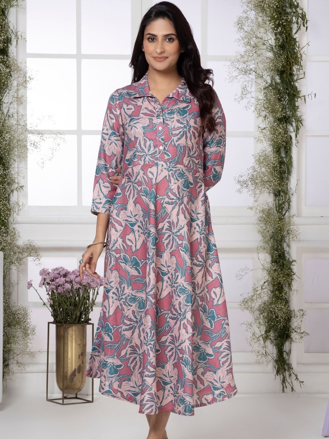 Flamingo Pink Artistic Floral Shirt Collar Midi Dress
