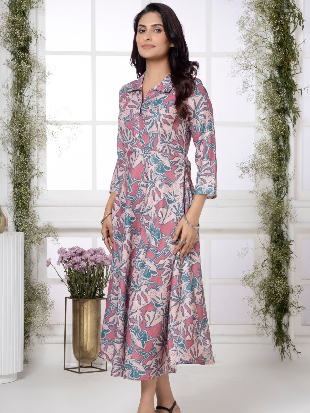 Flamingo Pink Artistic Floral Shirt Collar Midi Dress
