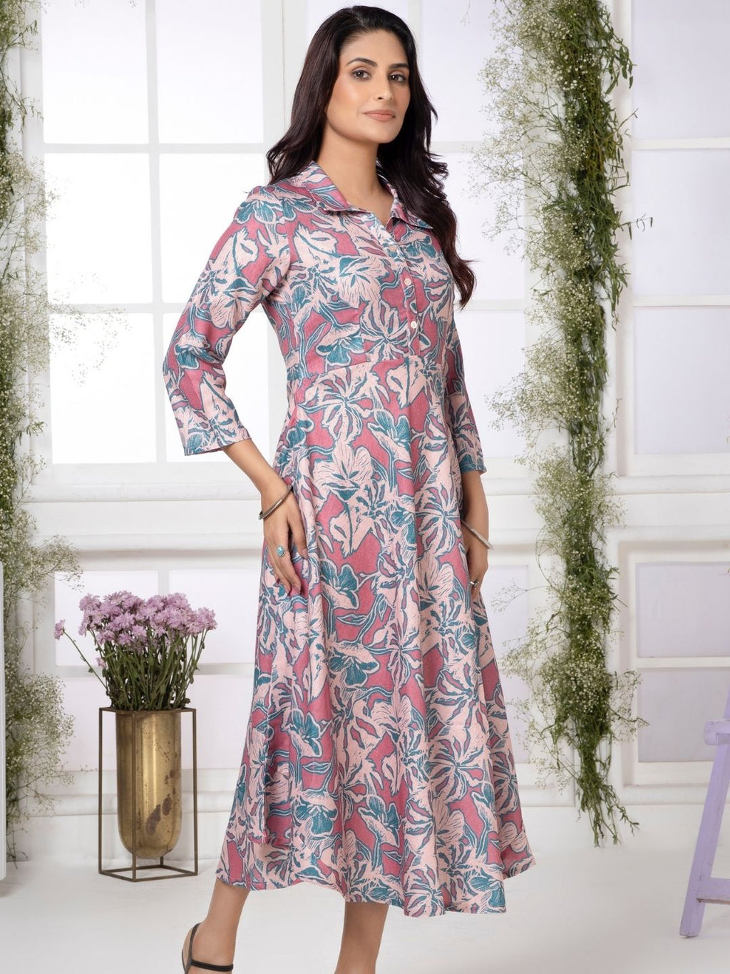 Flamingo Pink Artistic Floral Shirt Collar Midi Dress