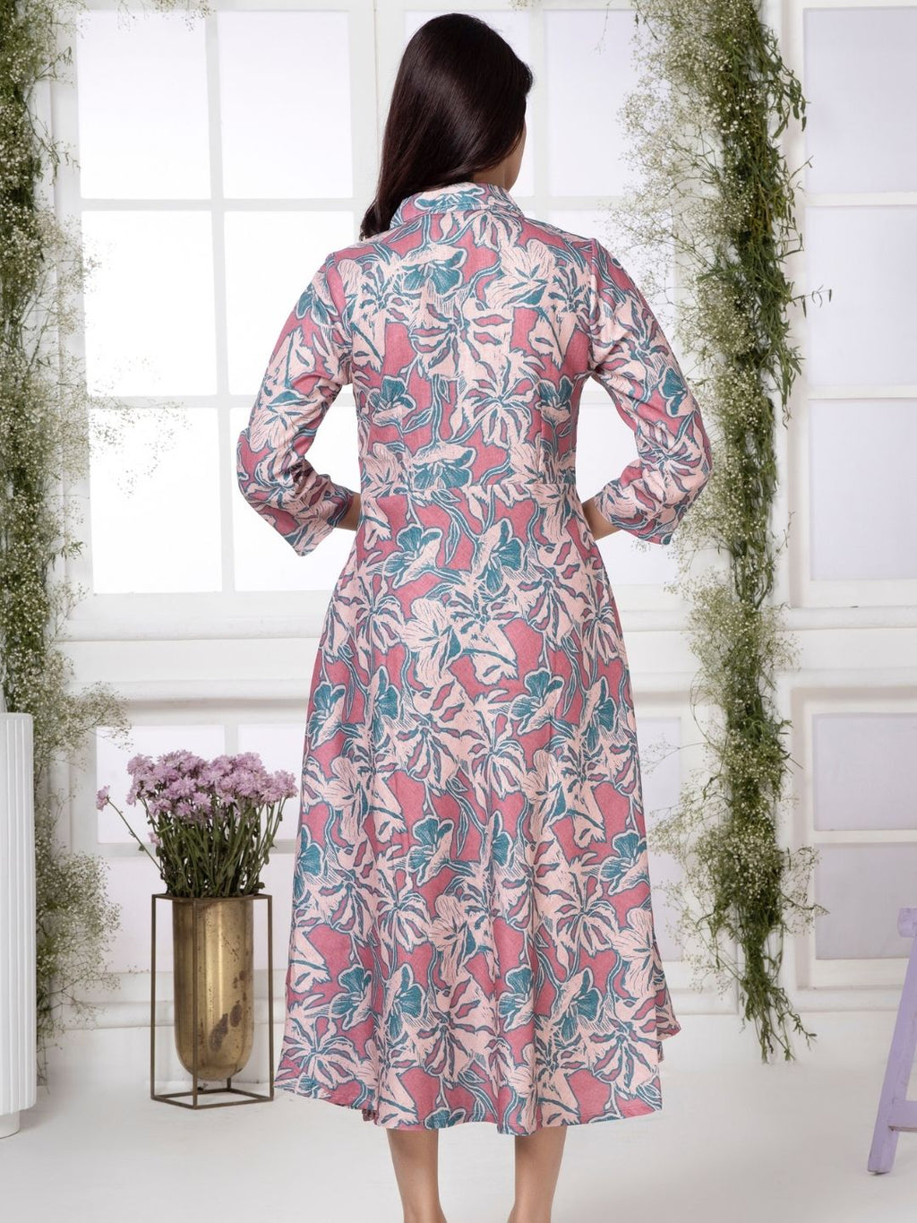 Flamingo Pink Artistic Floral Shirt Collar Midi Dress