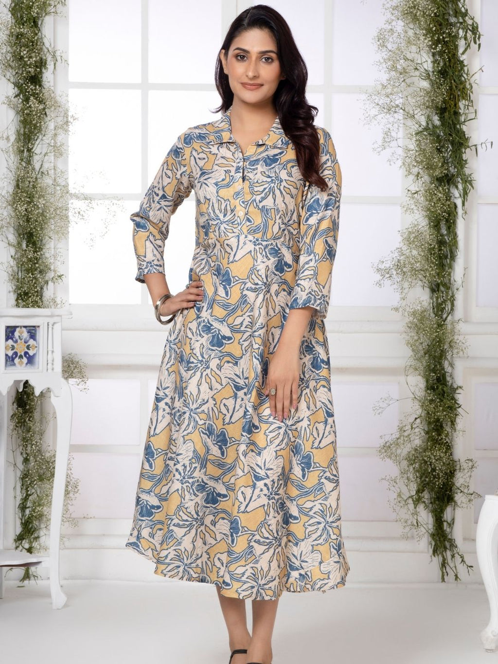 Buff Yellow Artistic Floral Shirt Collar Midi Dress