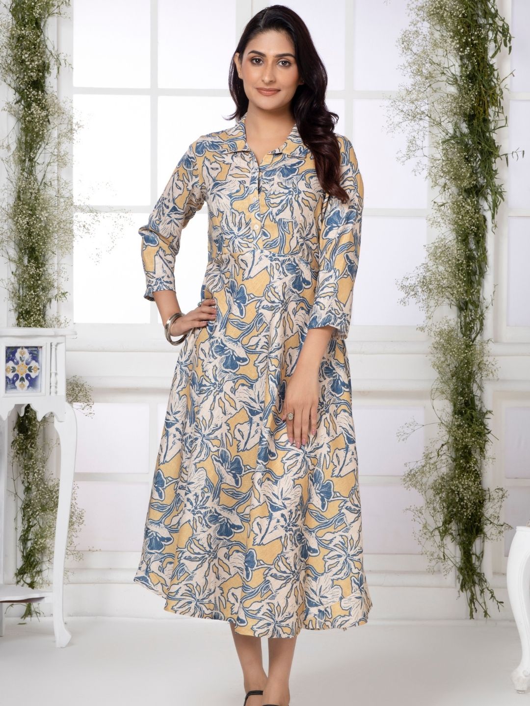 Buff Yellow Artistic Floral Shirt Collar Midi Dress