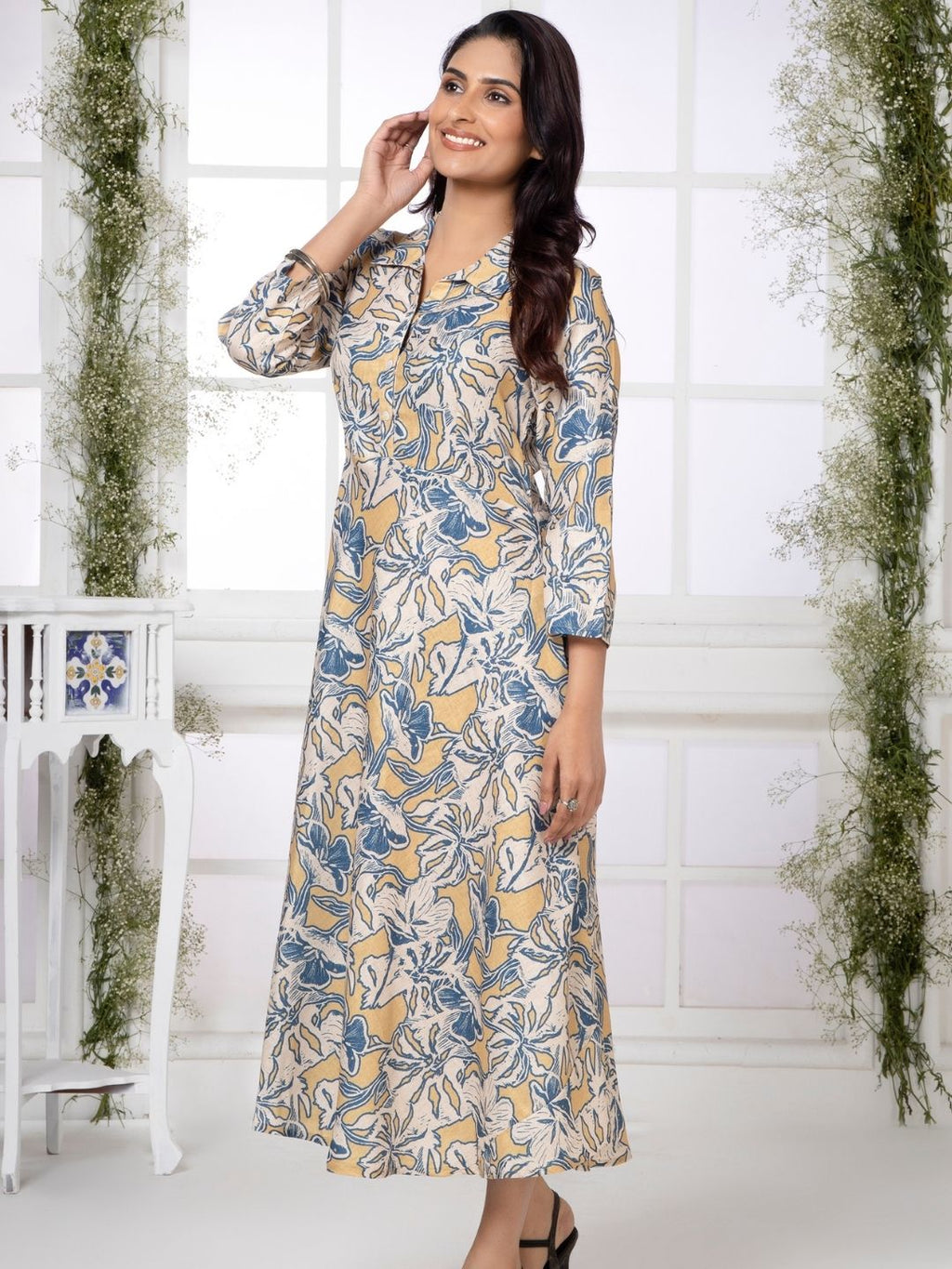 Buff Yellow Artistic Floral Shirt Collar Midi Dress