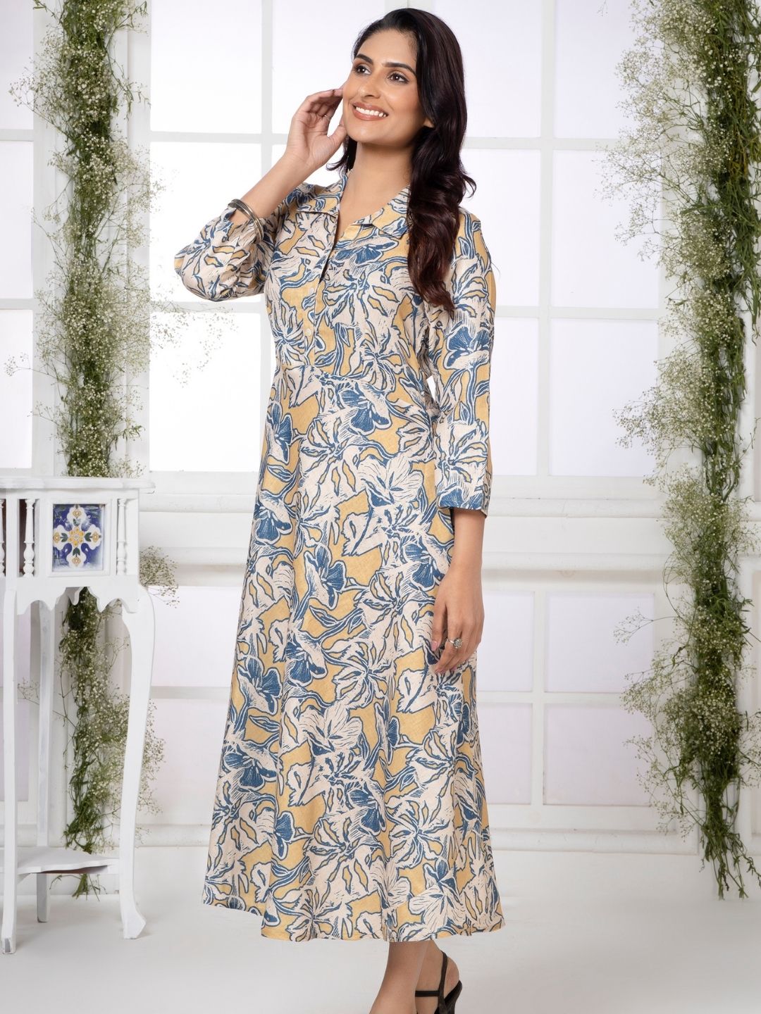 Buff Yellow Artistic Floral Shirt Collar Midi Dress