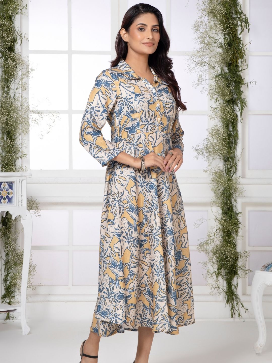 Buff Yellow Artistic Floral Shirt Collar Midi Dress